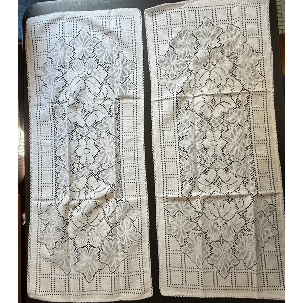 Bess Mfg White Cotton Lace Table Runners Set of 2 Style H1050P 14x32 Vintage USA